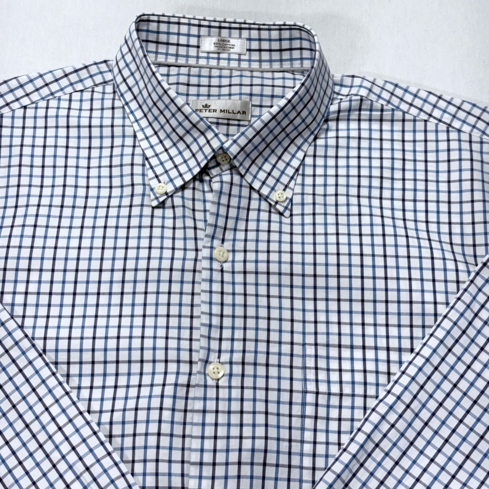 Peter Millar Mens Large Blue White Gingham Check Button Down Long Sleeve Shirt